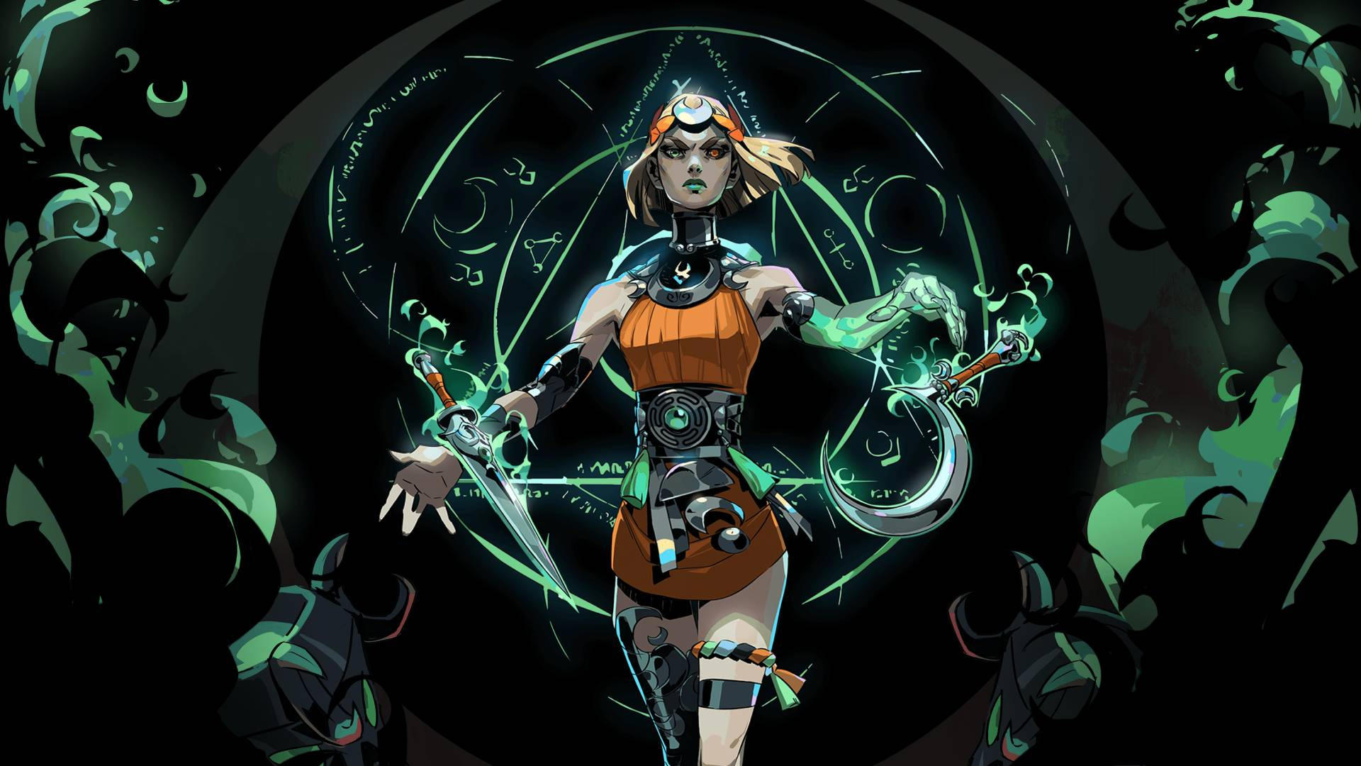 Close up of Melinoe, the protagonist of Hades 2, a young witch with glowing green eyes and a serious expression