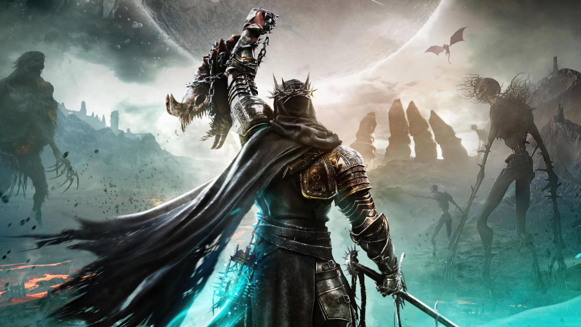 A moody fantasy game character in dark armor standing in a shadowy cave or dungeon.